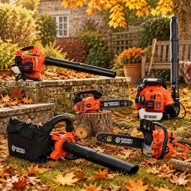 ParkerBrand leaf blower clearing autumn leaves from a garden